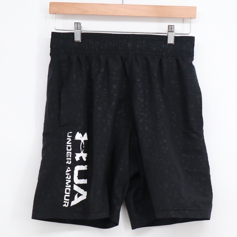 Under Armour Shorts Mens Medium Loose Fit Black Splatter Graphic Logo Excellent